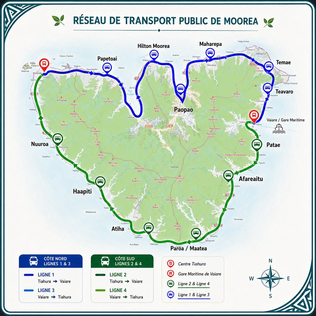 Carte du réseau de transport public de Moorea